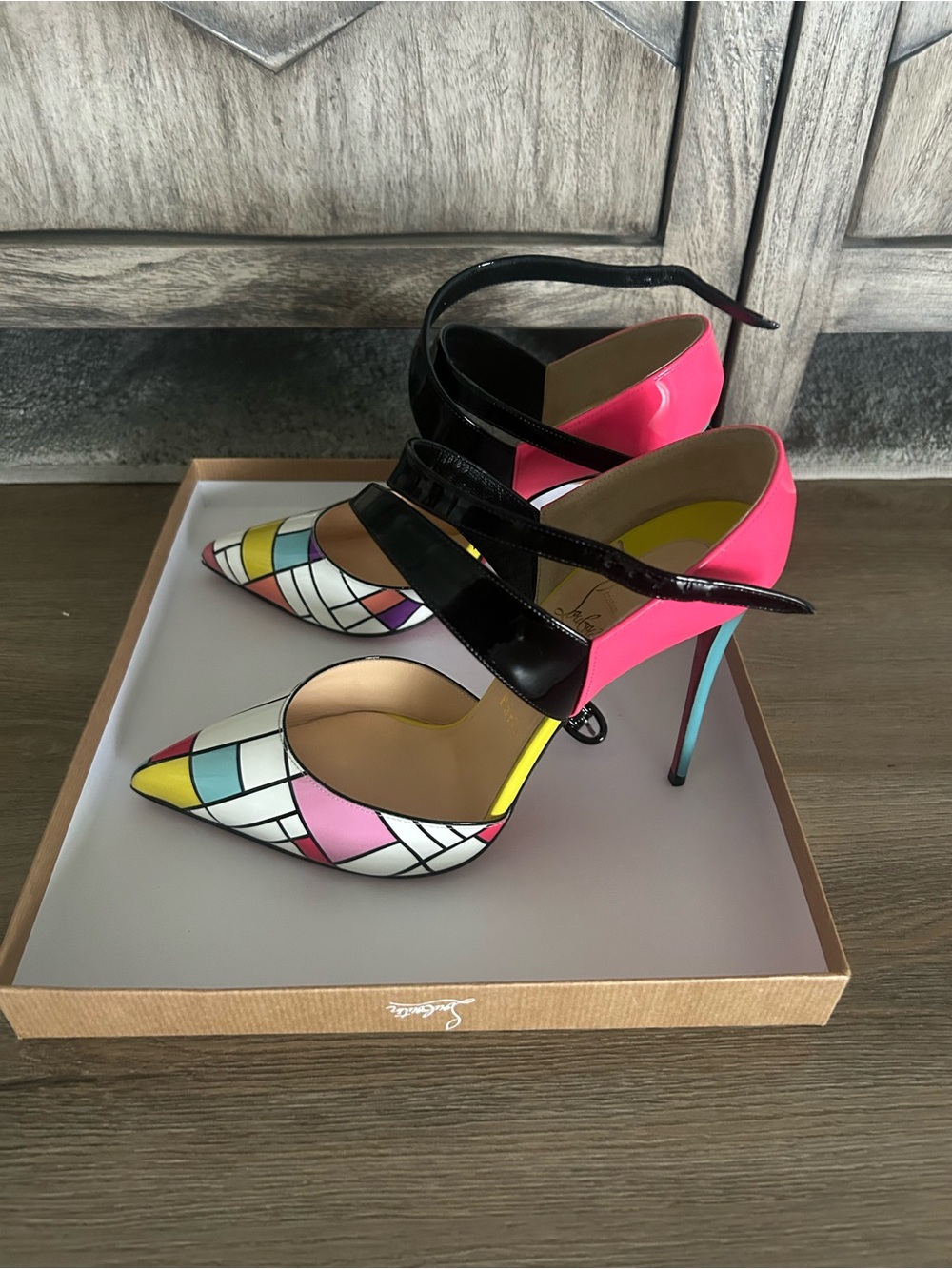 Christian Louboutin Multicolor Geometric Patent Leather Pointed-Toe Heels - Picture 2 of 4